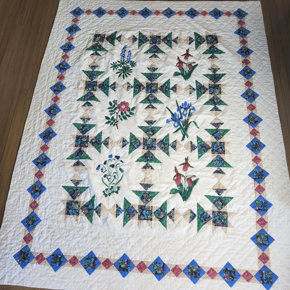 Vtg LL Bean Freeport Maine Botanical Block Applique Patchwork Quilt 62 X 80